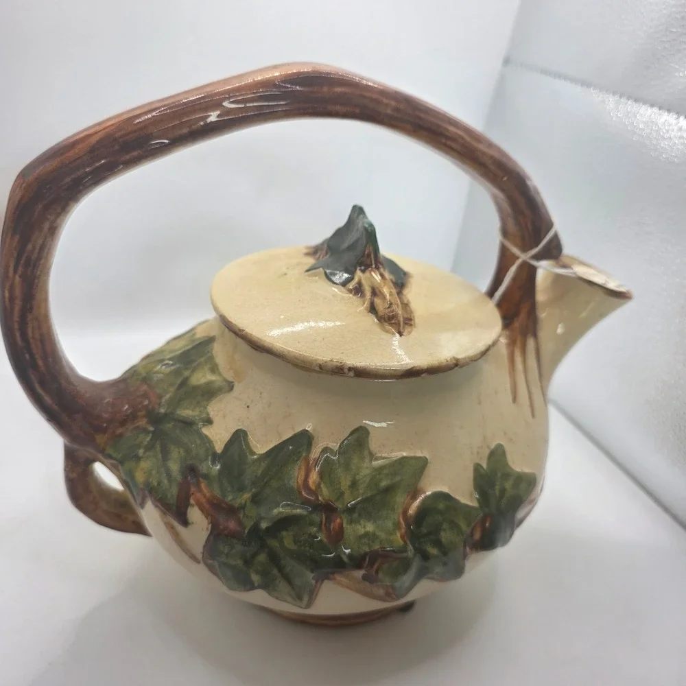 McCoy Pottery Ivy Teapot 1940s Raised Green Leaves Branch Handle w/ Lid